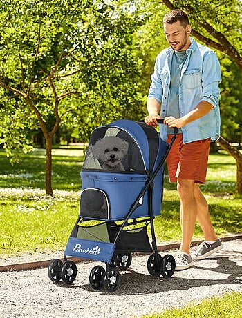 Poussette pliable pour chien chat avec coussin noir bleu