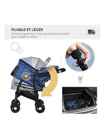 Poussette pliable pour chien chat avec coussin noir bleu
