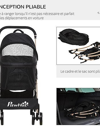 Poussette pliable pour chien chat nacelle amovible 2 en 1 noir