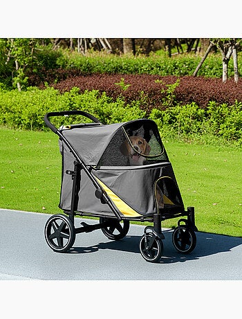 Poussette pour chien pliable 4 roues 2 portes rangements noir gris jaune