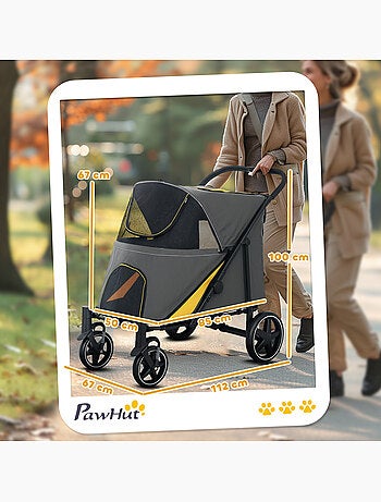 Poussette pour chien pliable 4 roues 2 portes rangements noir gris jaune