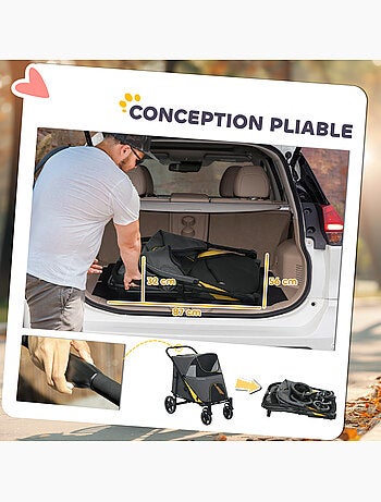 Poussette pour chien pliable 4 roues 2 portes rangements noir gris jaune
