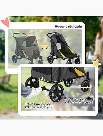 Poussette pour chien pliable 4 roues 2 portes rangements noir gris jaune