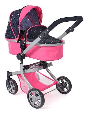 Poussette pour poupée combinée 2 en 1 Mika Rose bleu marine avec pois