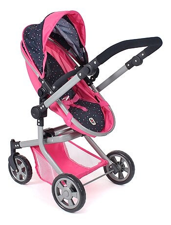 Poussette pour poupée combinée 2 en 1 Mika Rose bleu marine avec pois