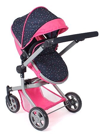 Poussette pour poupée combinée 2 en 1 Mika Rose bleu marine avec pois