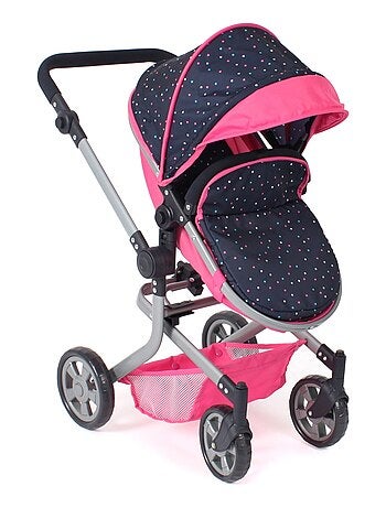 Poussette pour poupée combinée 2 en 1 Mika Rose bleu marine avec pois