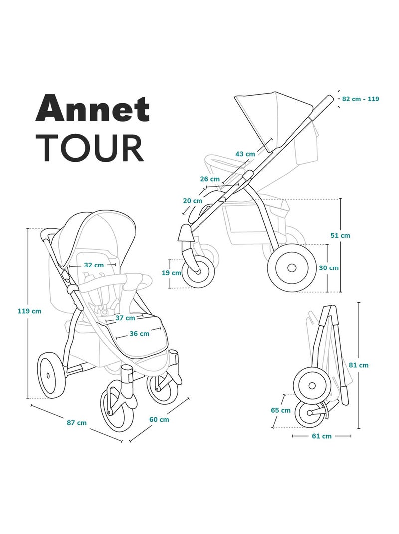 Poussette tout terrain LIONELO Annet Tour - Grandes roues gonflables - Jusqu'à 22 kg Noir - Kiabi