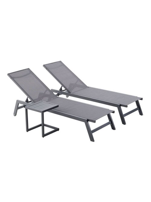 PRATO - Lot de 2 bains de soleil en aluminium avec table d'appoint gris et noir - Kiabi