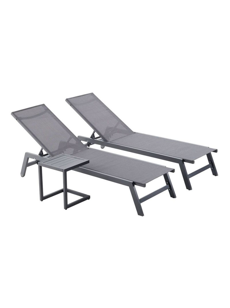 PRATO - Lot de 2 bains de soleil en aluminium avec table d'appoint gris et noir Gris - Kiabi