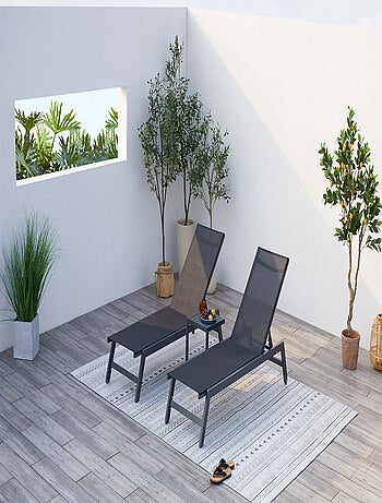PRATO - Lot de 2 bains de soleil en aluminium avec table d'appoint gris et noir