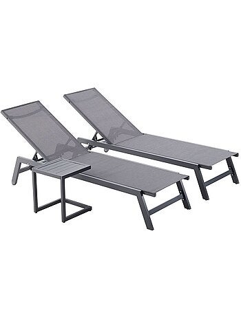 PRATO Lot de 2 transats et une table d'appoint gris et noir