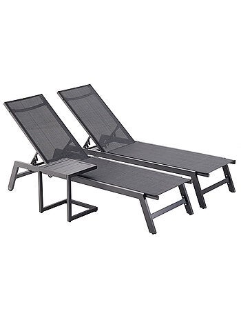 PRATO Lot de 2 transats et une table d'appoint gris et noir