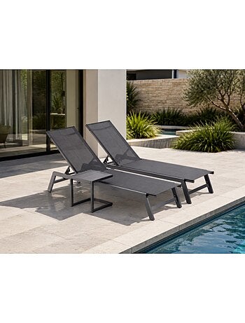 PRATO Lot de 2 transats et une table d'appoint gris et noir