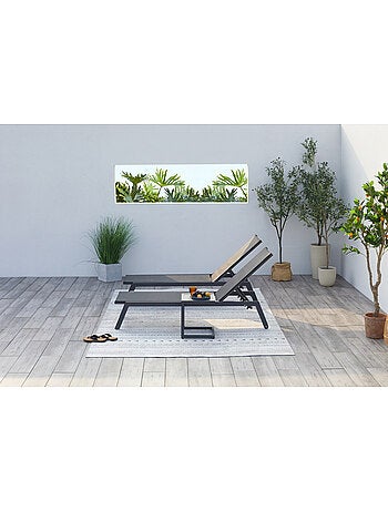 PRATO Lot de 2 transats et une table d'appoint gris et noir
