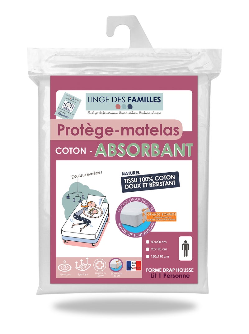 Protège-Matelas Absorbant 100% Coton - Grand Bonnet - Linge des Familles Blanc Blanc - Kiabi
