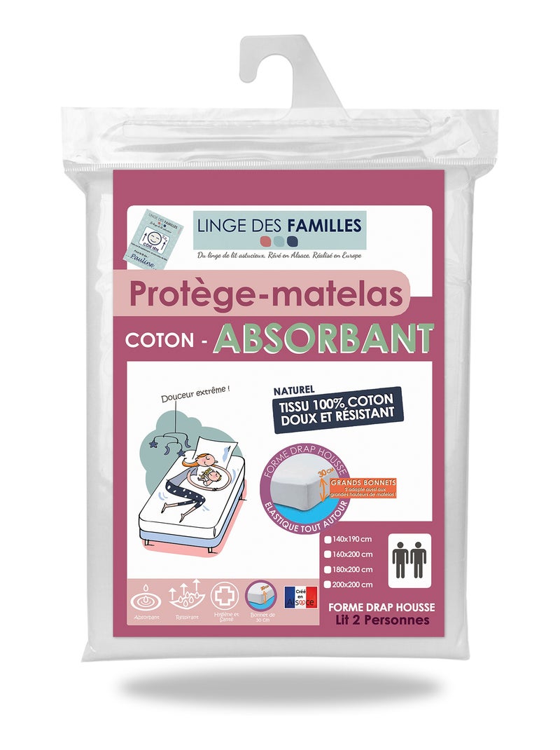 Protège-Matelas Absorbant 100% Coton - Grand Bonnet - Linge des Familles Blanc - Kiabi
