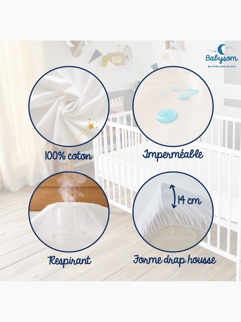 Protège Matelas Bébé 2 en 1 | Drap housse + Alèse Imperméable | Jersey 100% Coton Blanc - Kiabi