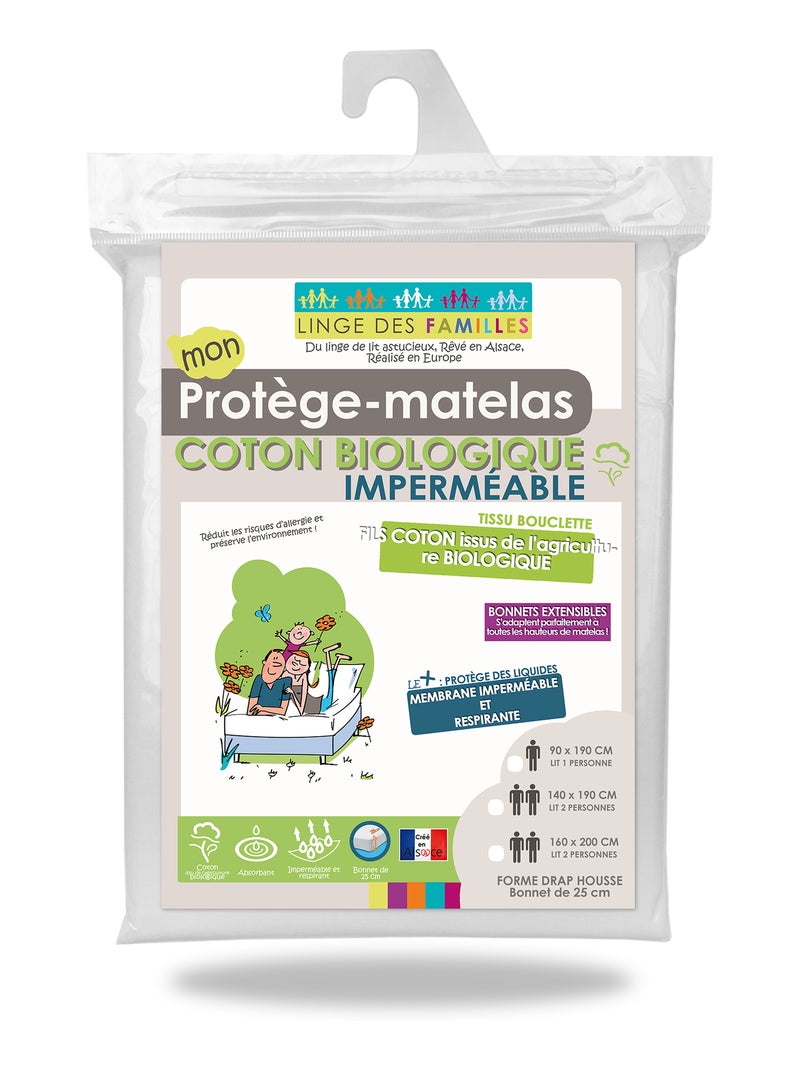 Protège-Matelas Coton Bio Imperméable - Respirant & Silencieux - Grand Bonnet - Linge des Familles Blanc - Kiabi