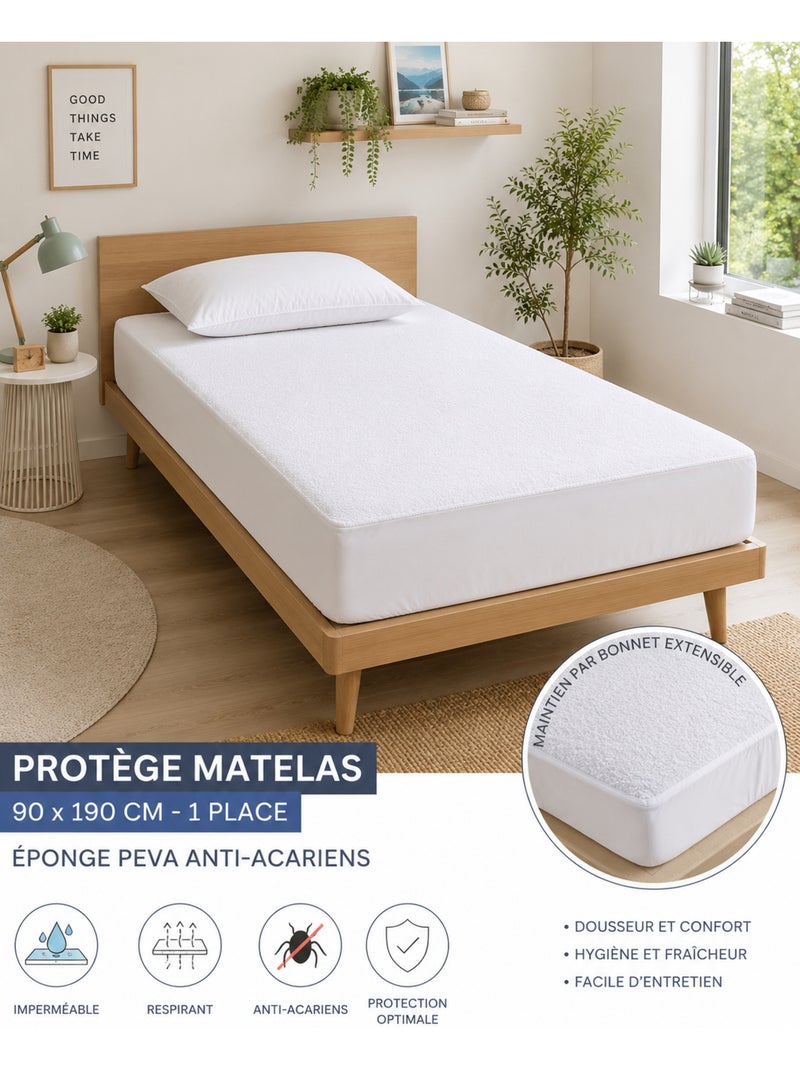 Protège-Matelas Éponge PEVA Imperméable Anti-Acariens Blanc - Kiabi