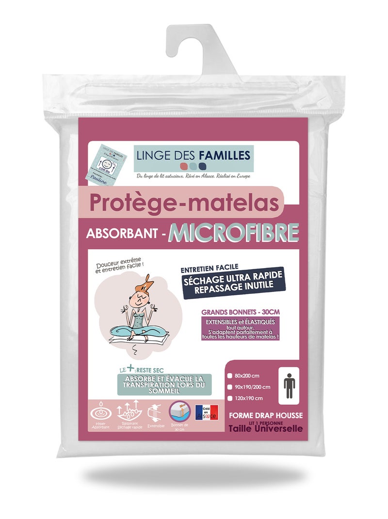 Protège-Matelas Extensible - Microfibre Absorbante - Grand Bonnet - Linge des Familles Blanc - Kiabi