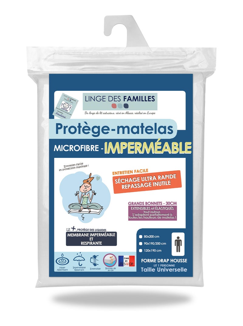 Protège-matelas Imperméable - Microfibre Absorbante - Grand Bonnet - Linge des Familles Blanc - Kiabi