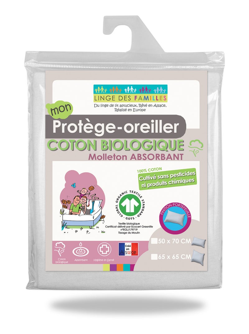 Protège-Oreiller Certifié GOTS - Molleton 100% Coton Bio Absorbant - Linge des Familles Blanc - Kiabi