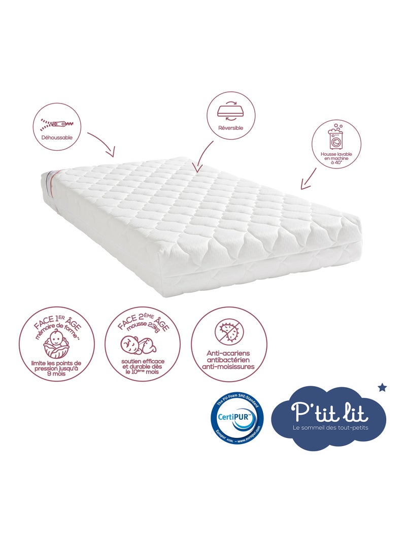 P'tit Lit - Matelas Bébé/Enfant Croissance | 70x140 cm | Déhoussable Blanc - Kiabi