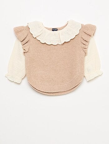 Pull 2 en 1 ave collerette en broderies anglaises