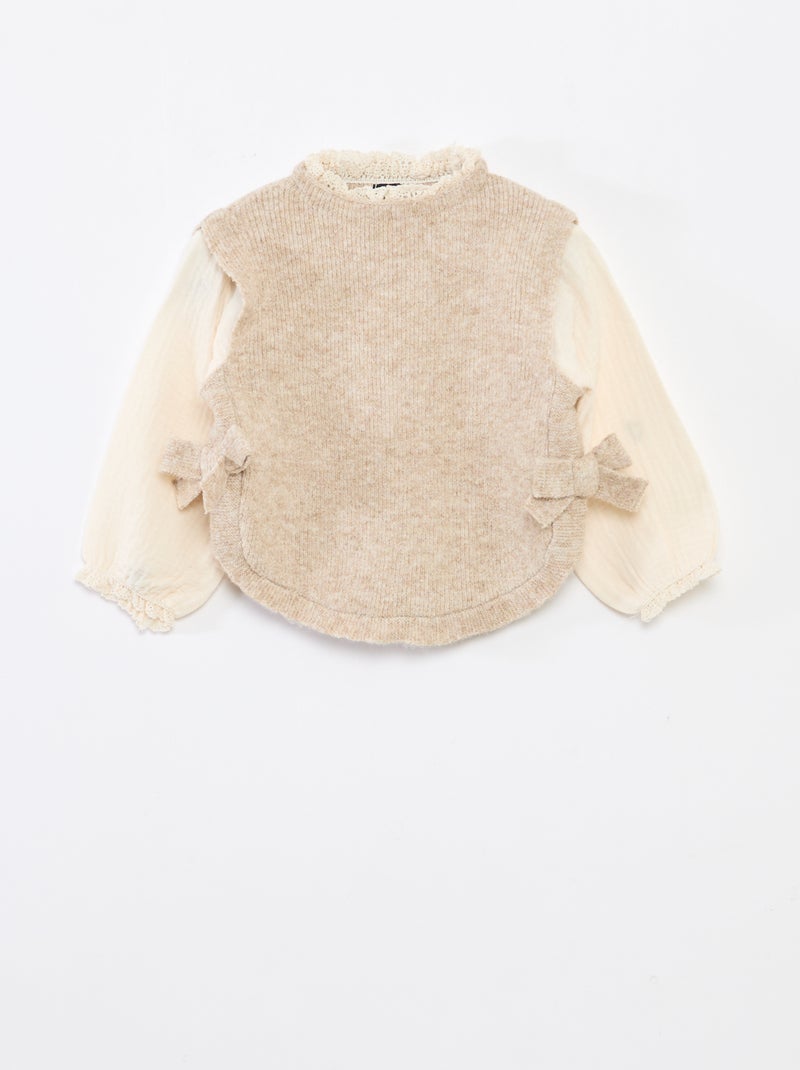 Pull 2 en 1 avec blouse en gaze de coton Beige - Kiabi