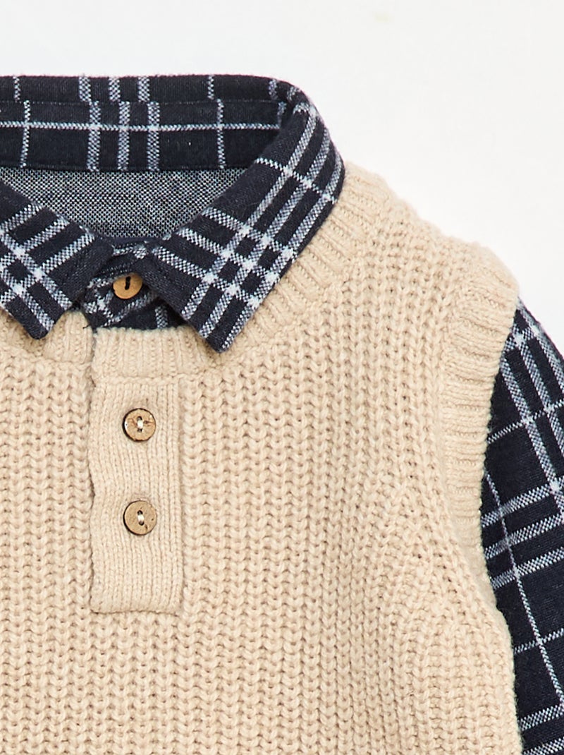 Pull 2 en 1 avec chemise à carreaux Beige - Kiabi