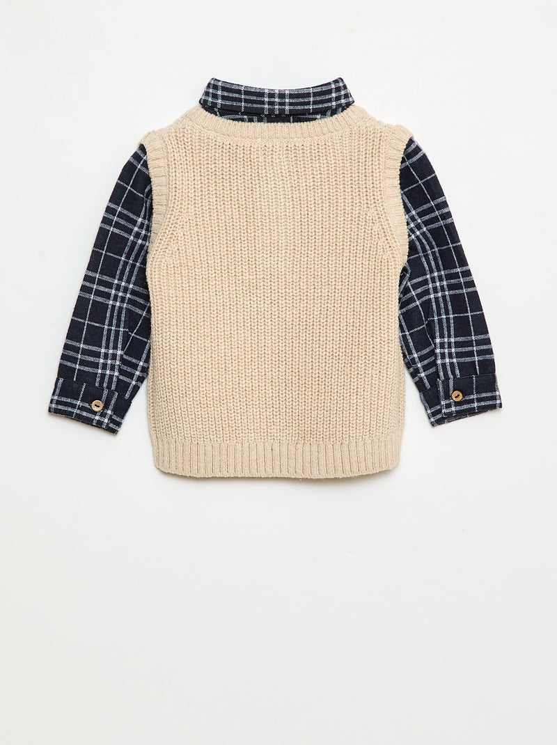 Pull 2 en 1 avec chemise à carreaux Beige - Kiabi