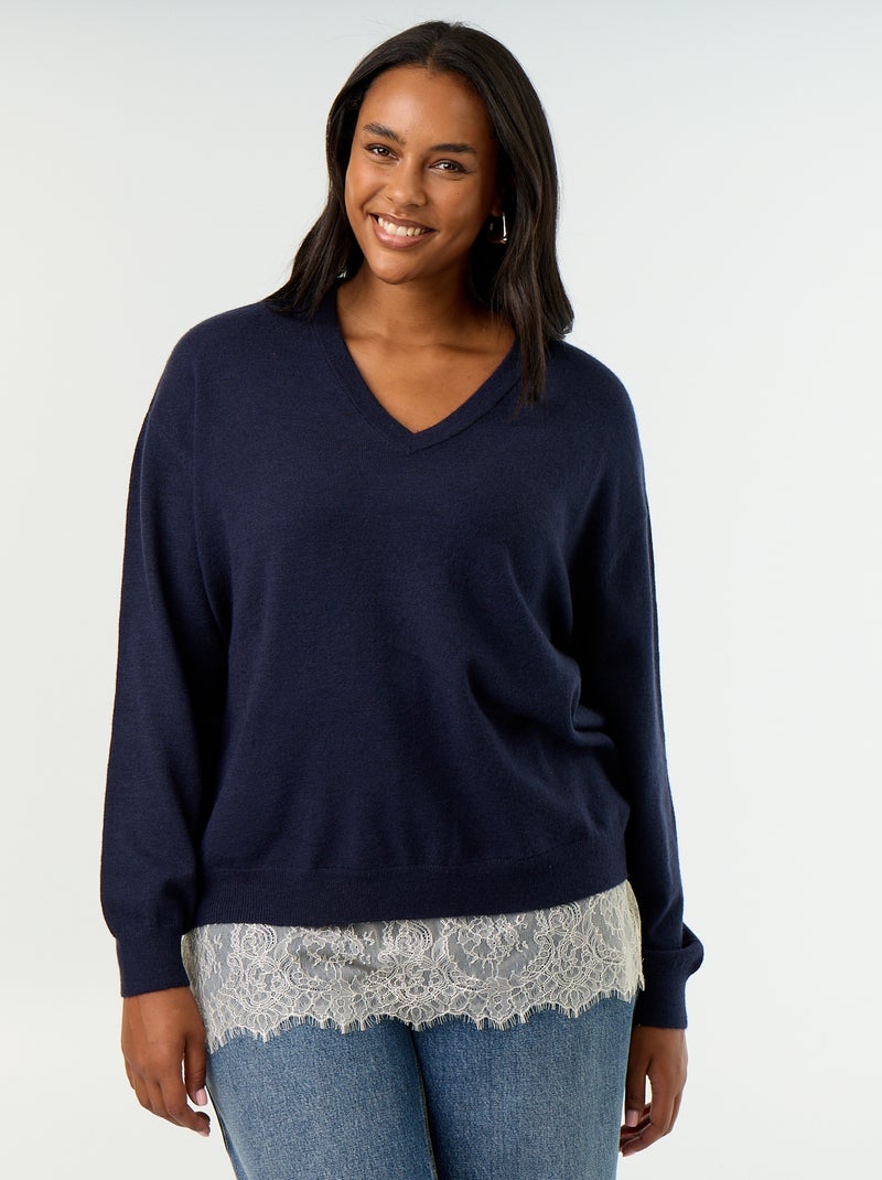 Pull 2-en-1 avec laine mélangée et dentelle Bleu - Kiabi