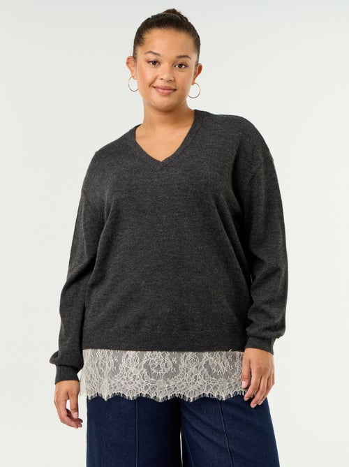 Pull 2-en-1 avec laine mélangée et dentelle - Kiabi
