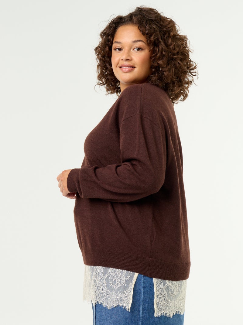 Pull 2-en-1 avec laine mélangée et dentelle Marron - Kiabi