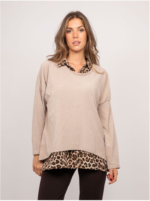 Pull 2 en 1 effet superposé col chemise léopard keva - Kiabi Pull 2 en 1 effet superposé col chemise léopard keva - Kiabi