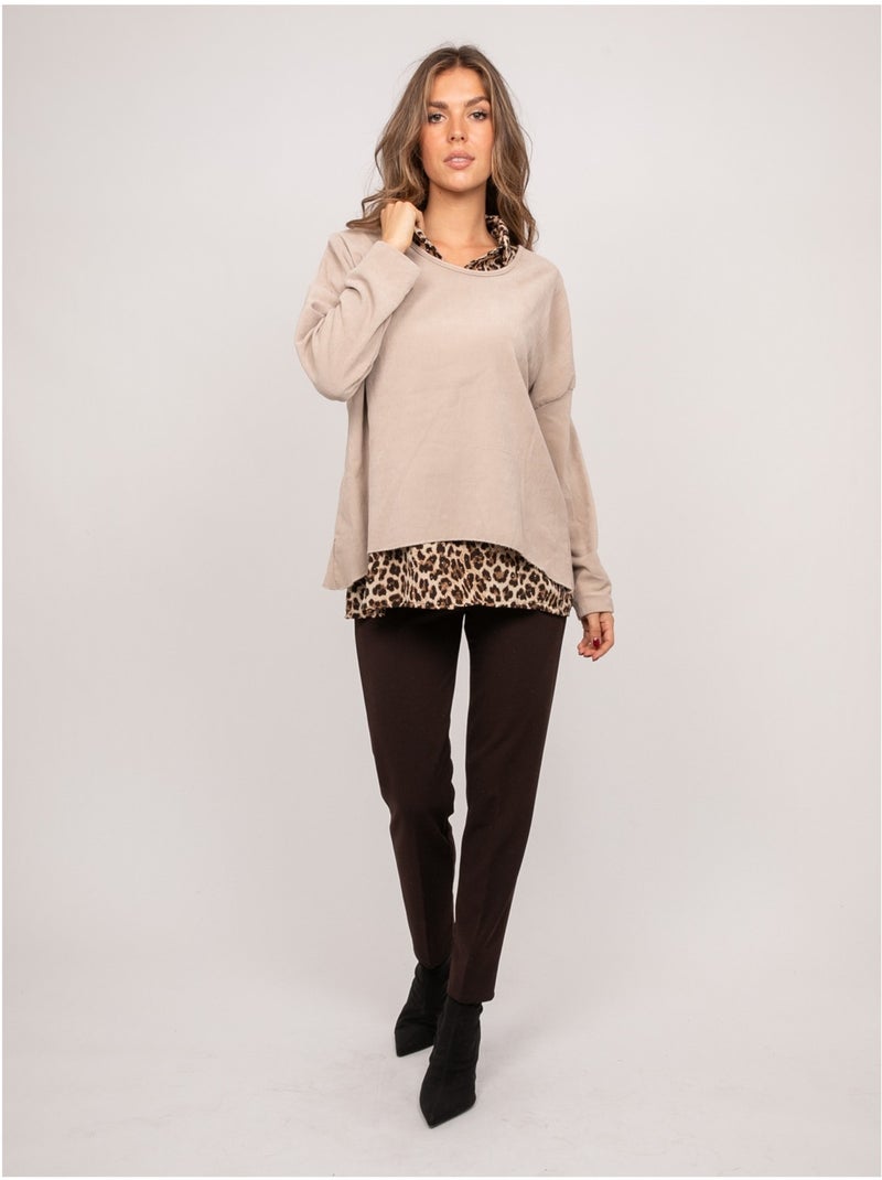 Pull 2 en 1 effet superposé col chemise léopard keva Beige - Kiabi