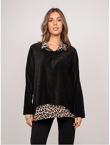 Pull 2 en 1 effet superposé col chemise léopard keva