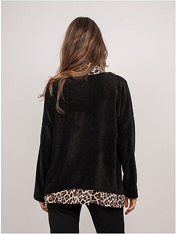Pull 2 en 1 effet superposé col chemise léopard keva