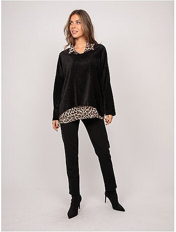Pull 2 en 1 effet superposé col chemise léopard keva