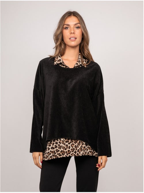 Pull 2 en 1 effet superposé col chemise léopard keva - Kiabi Pull 2 en 1 effet superposé col chemise léopard keva - Kiabi