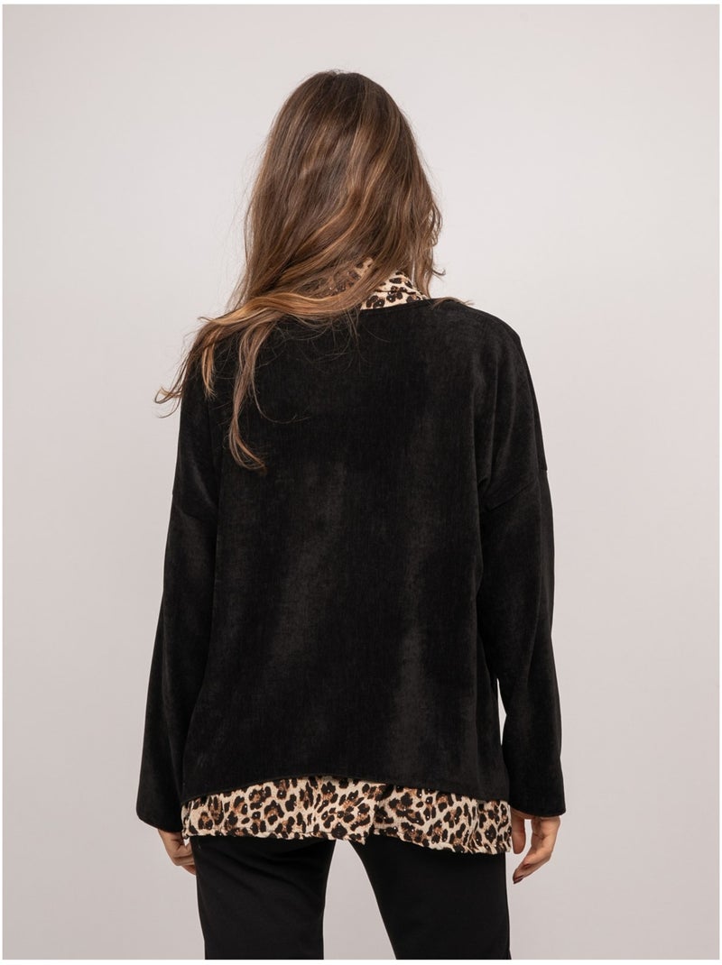 Pull 2 en 1 effet superposé col chemise léopard keva Noir - Kiabi