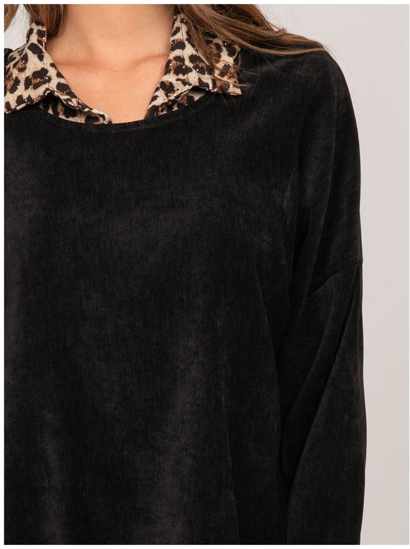 Pull 2 en 1 effet superposé col chemise léopard keva Noir - Kiabi