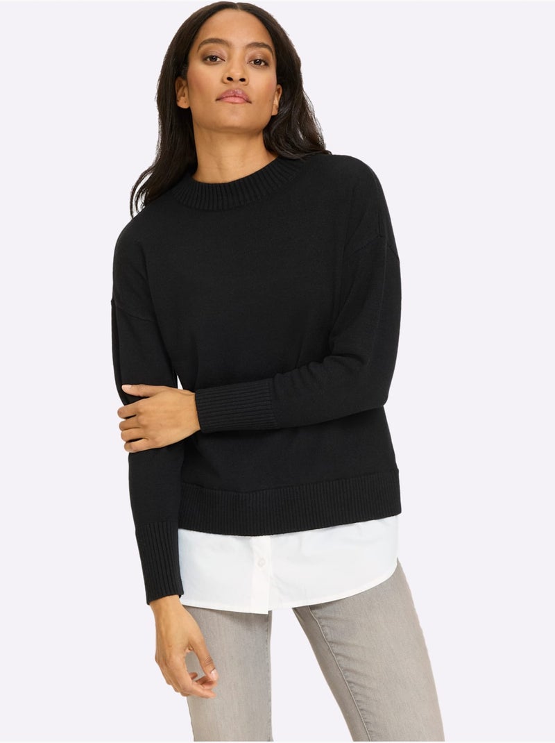 Pull 2 En 1 Empiècement Chemisier à L'ourlet - Taille Standard - Helline Noir - Kiabi