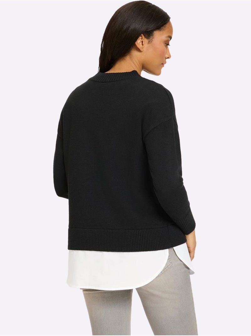 Pull 2 En 1 Empiècement Chemisier à L'ourlet - Taille Standard - Helline Noir - Kiabi