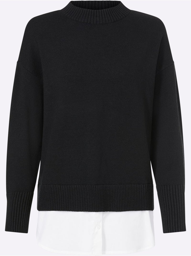 Pull 2 En 1 Empiècement Chemisier à L'ourlet - Taille Standard - Helline Noir - Kiabi