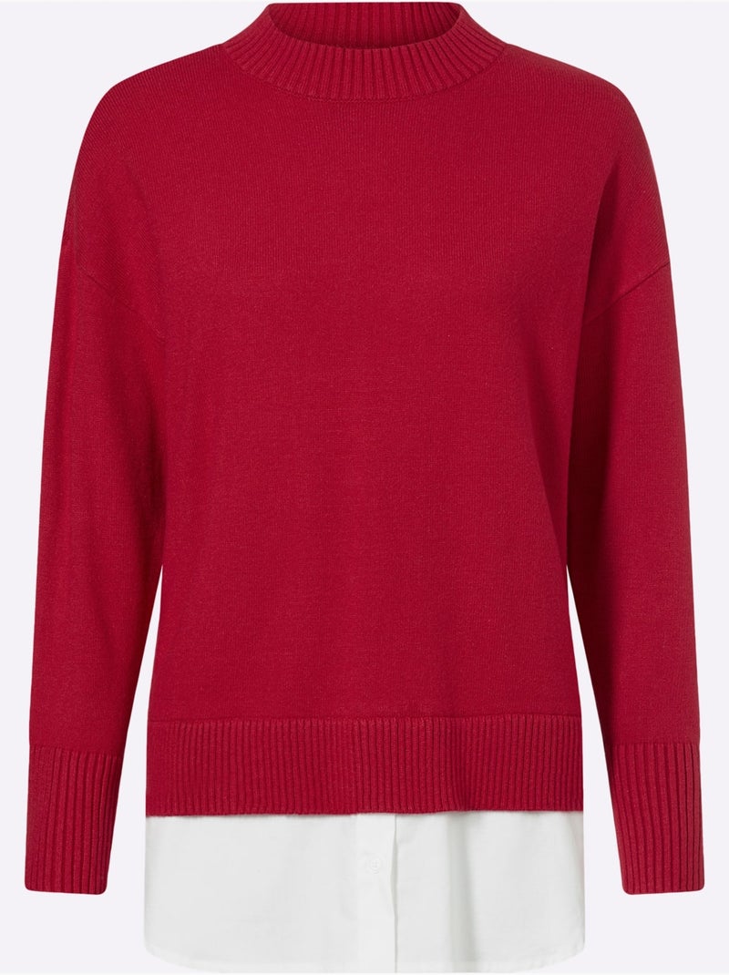 Pull 2 En 1 Empiècement Chemisier à L'ourlet - Taille Standard - Helline Rouge - Kiabi