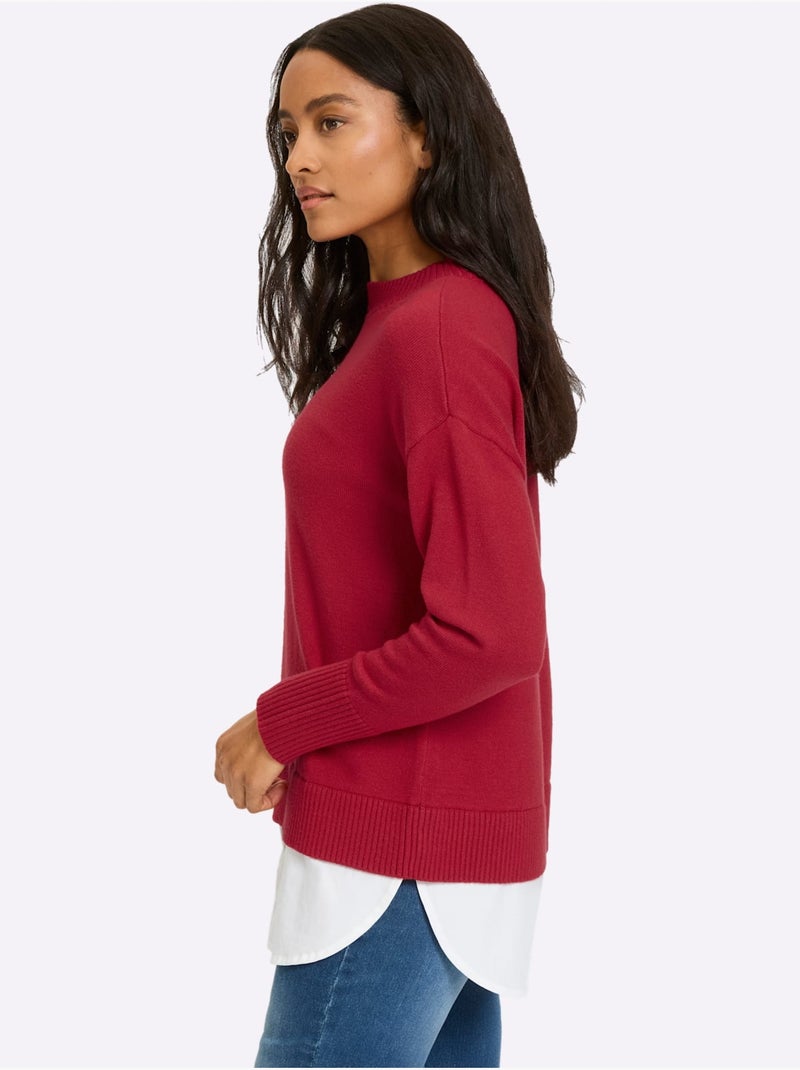 Pull 2 En 1 Empiècement Chemisier à L'ourlet - Taille Standard - Helline Rouge - Kiabi