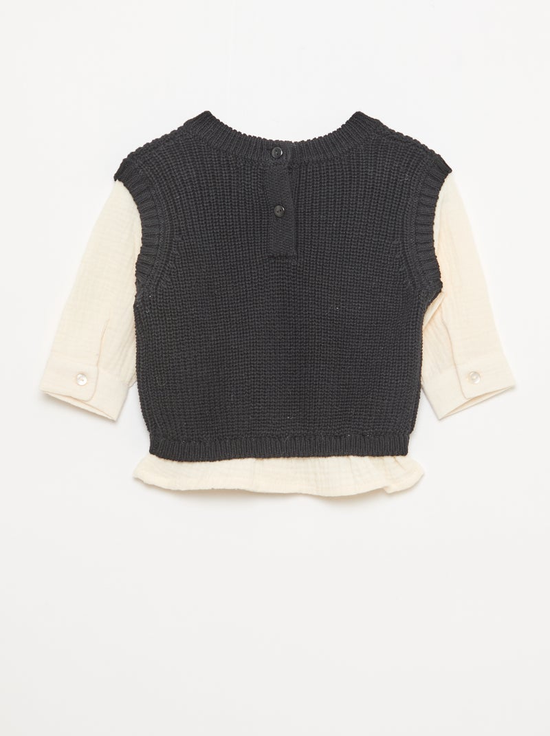 Pull 2 en 1 en tricot et double gaze de coton Noir - Kiabi