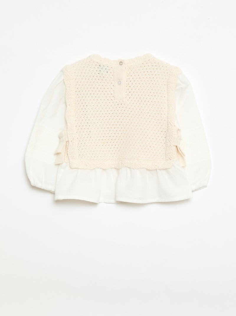 Pull 2 en 1 maille tricot + double gaze de coton Beige - Kiabi